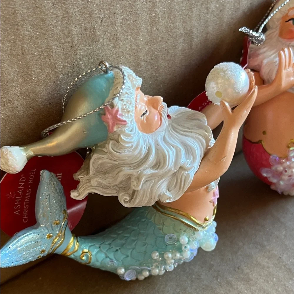 Festive Mermaid Santa Ornaments - Aqua and Pink